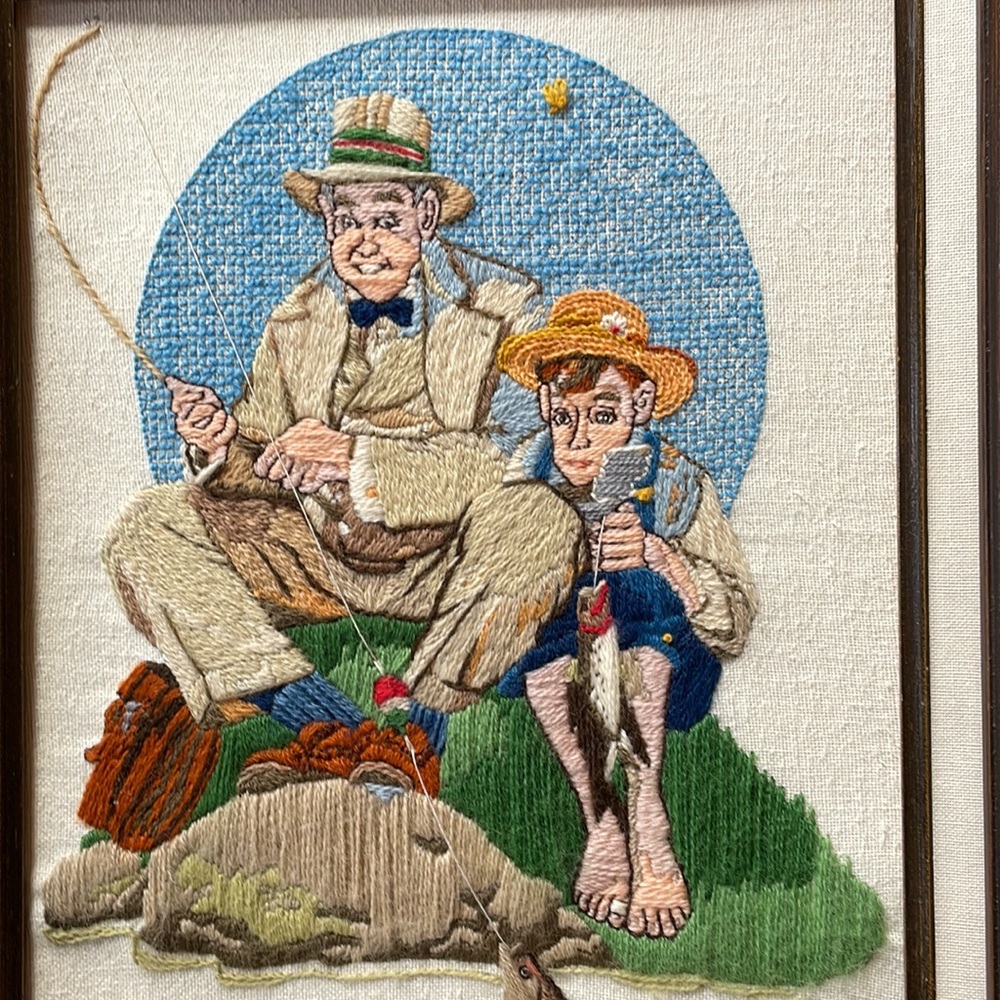 Norman Rockwell embroidery framed art fishing